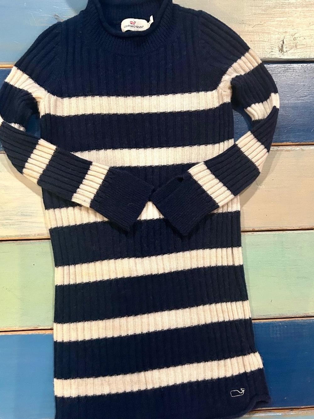 Vineyard Vines XS Navy Cream Striped Ribbed Sweater Dress Whale Logo